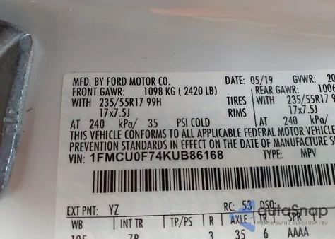 2019 Ford Escape S из США, поврежденный, VIN 1FMCU0F74KUB86168